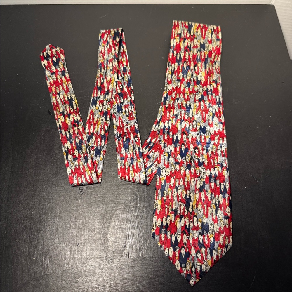 Vintage Tie polo 1990s Necktie Handmade Silk Kitschy Crowd People Faces Cartoon